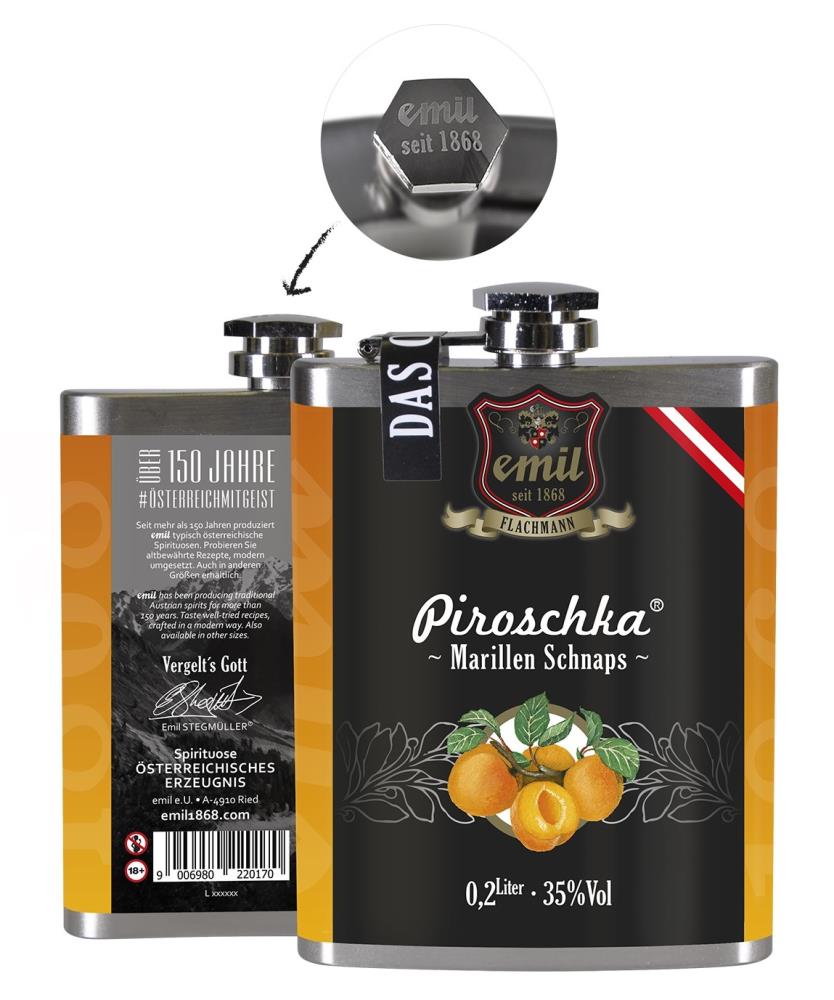 emil-Flachmann Piroschka® Marillen Schnaps 35% vol. 0,2l - EINWEG