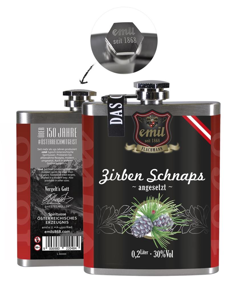 emil-Flachmann Zirben Schnaps "angesetzt" 30% vol. 0,2l - EINWEG