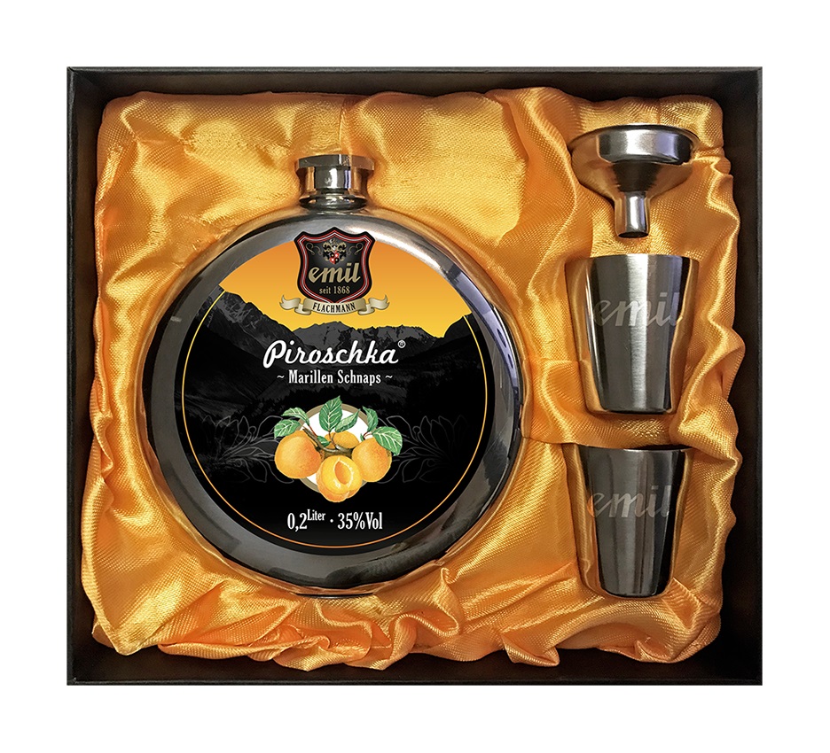 emil-Flachmann Set Piroschka® Marillen Schnaps 35% vol. 0,2l Limited Edition - EINWEG