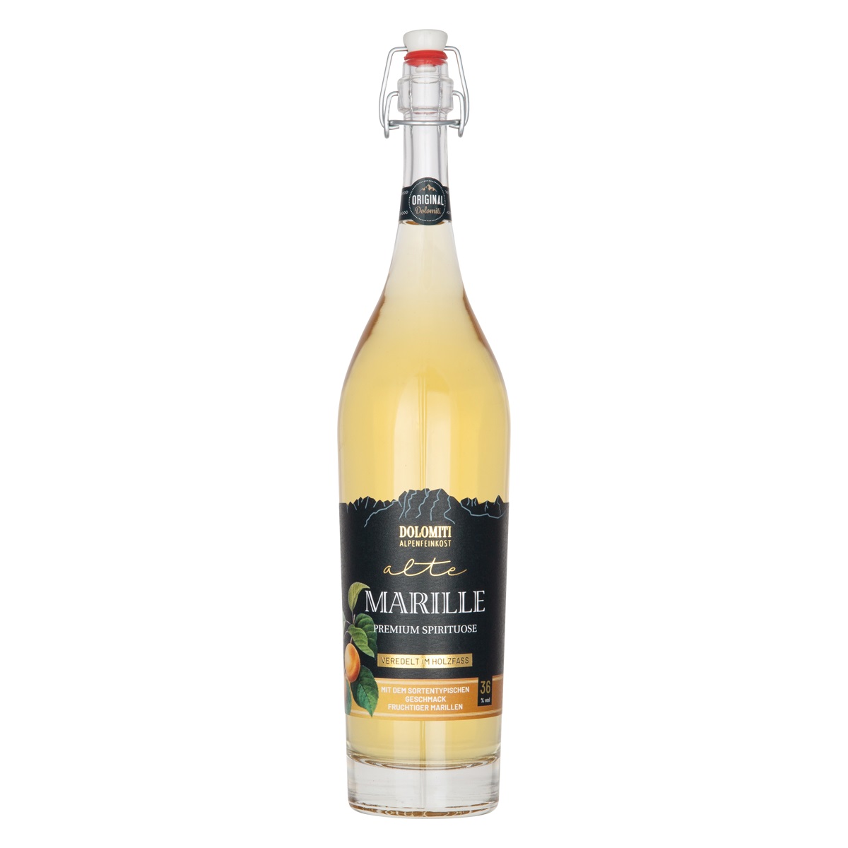 Dolomiti Alte Marille Holzfass 36% 0,5l