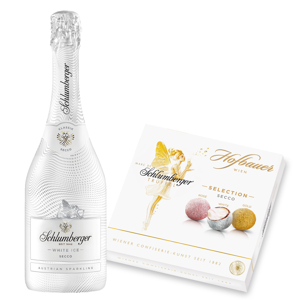 Schlumberger White Ice Secco 0,75l + Schlumberger Selection Secco Pralinen 130g - EINWEG