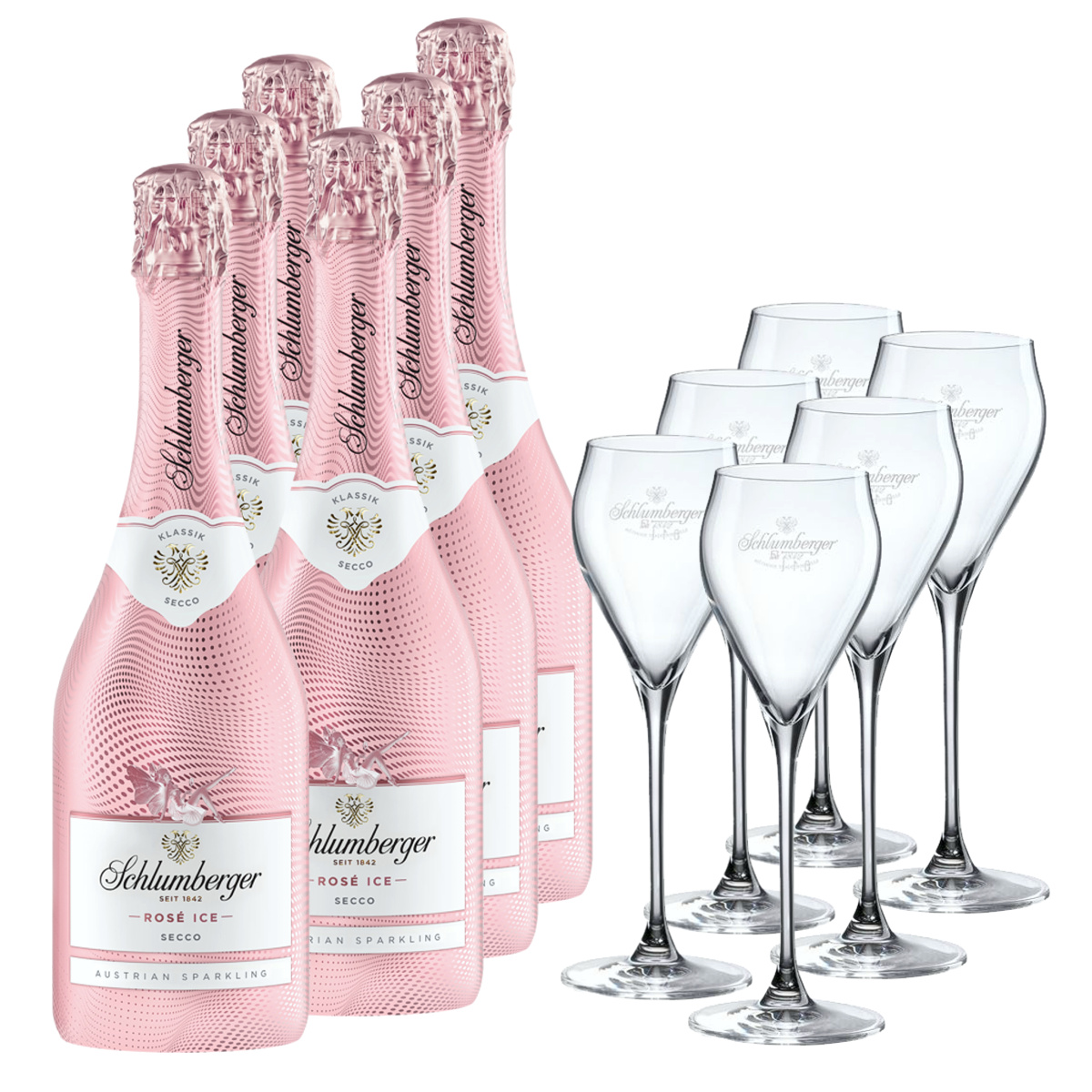 6x Schlumberger Rose Ice Secco 0,75l + 6x EXKLUSIV Sekt Gläser - EINWEG