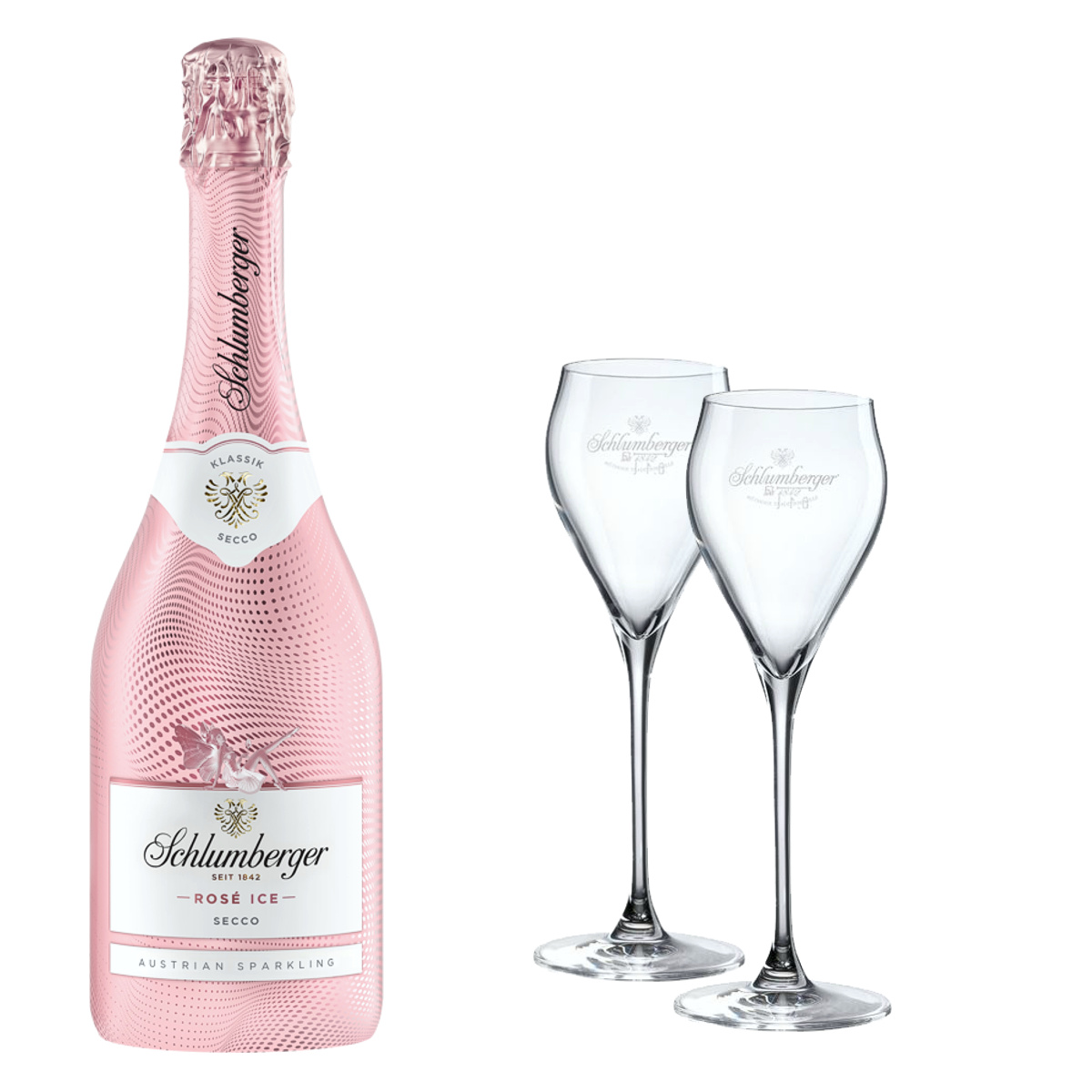 6x Schlumberger Rose Ice Secco 0,75l + 6x EXKLUSIV Sekt Gläser - EINWEG