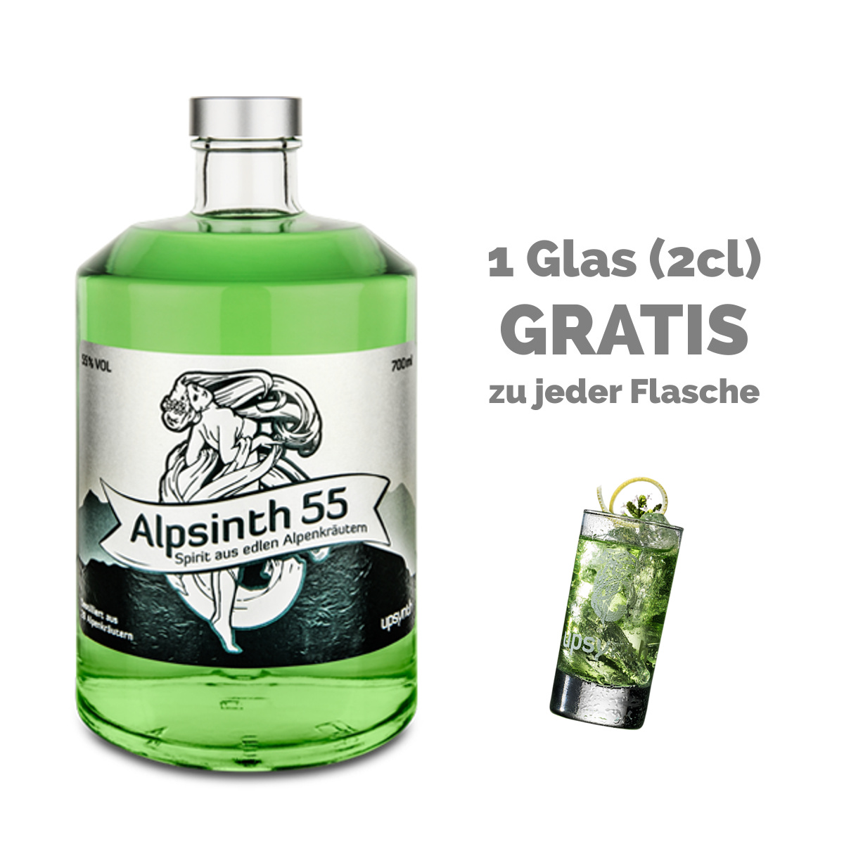Upsynth Alpsinth Kräuter Spirituose 55% - EINWEG