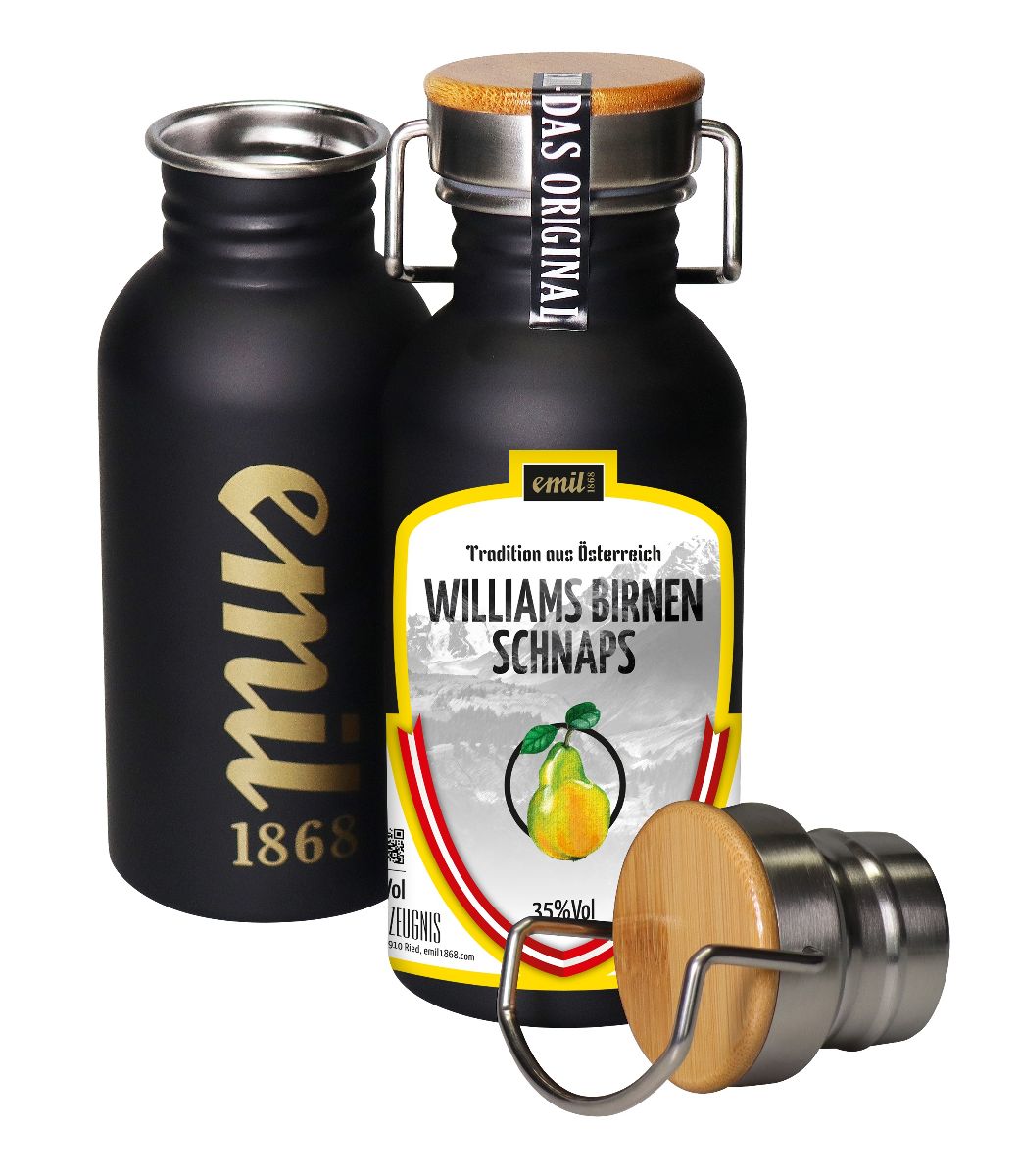 Emil Williams Birnen Schnaps 35% 0,5l Edelstahl Kanne