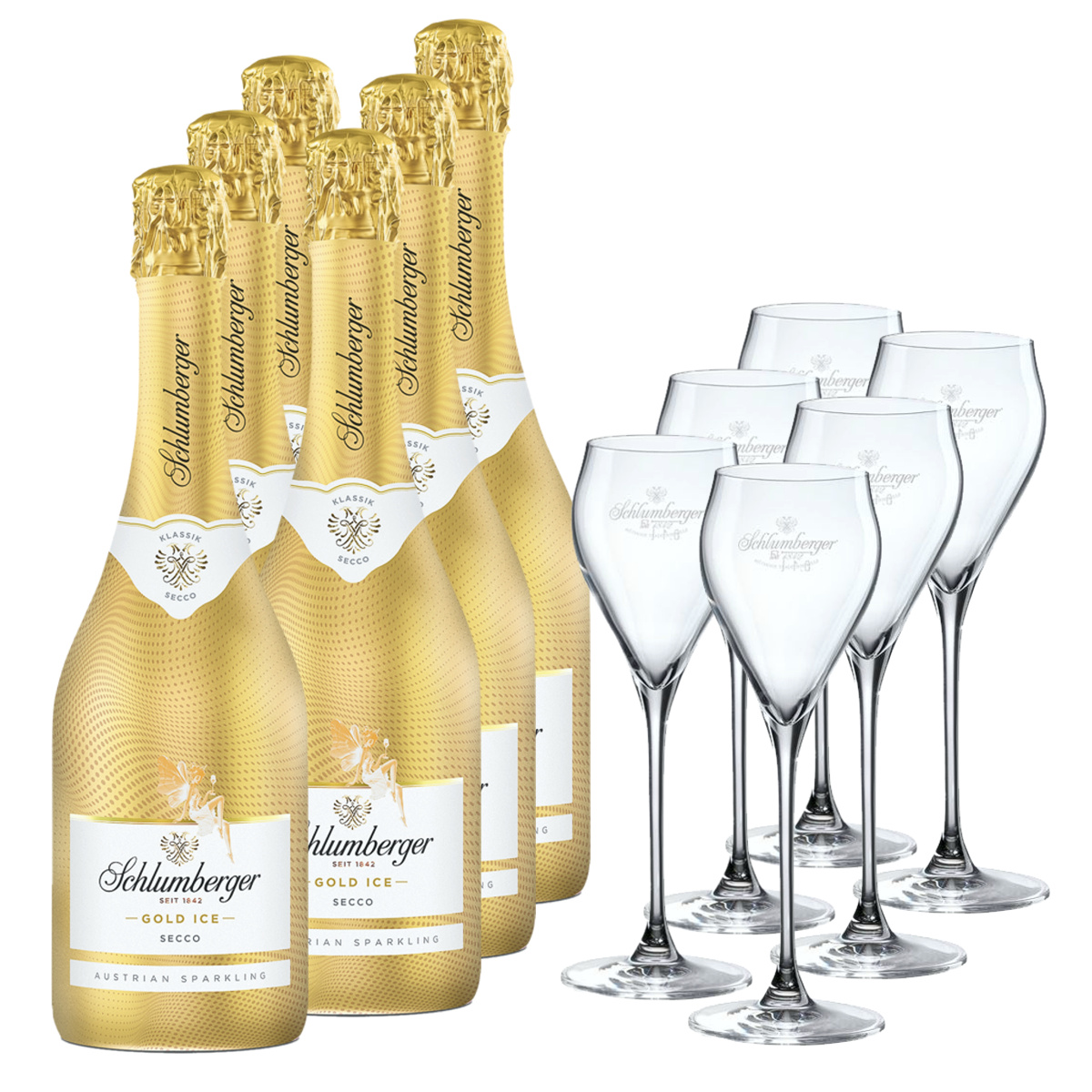 6x Schlumberger Gold Secco 0,75l + 6x EXKLUSIV Sekt Gläser