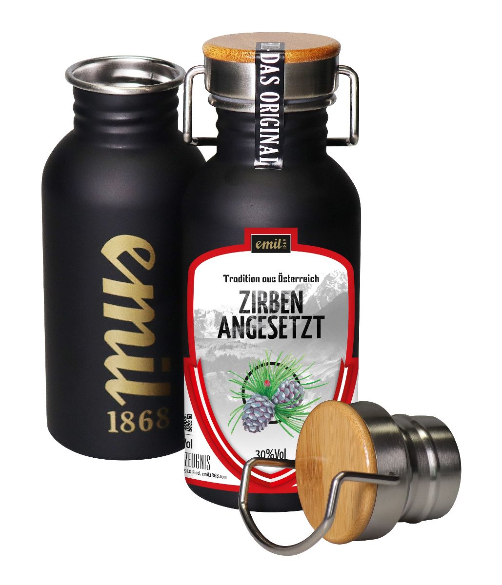 Schnaps Emil Zirben Schnaps angesetzt 30% 0,5l Edelstahl Kanne