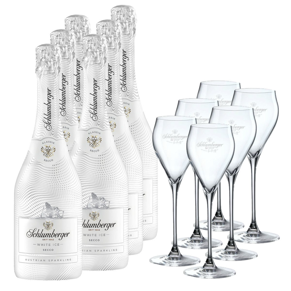 6x Schlumberger White Ice Secco 0,75l + 6x EXKLUSIV Sekt Gläser - EINWEG