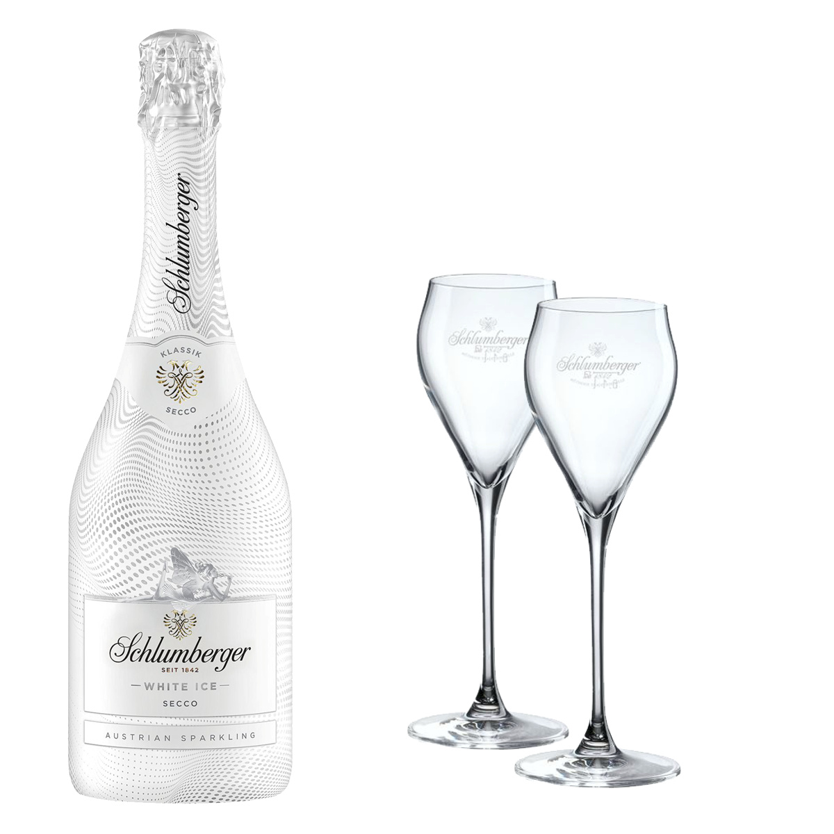 6x Schlumberger White Ice Secco 0,75l + 6x EXKLUSIV Sekt Gläser - EINWEG