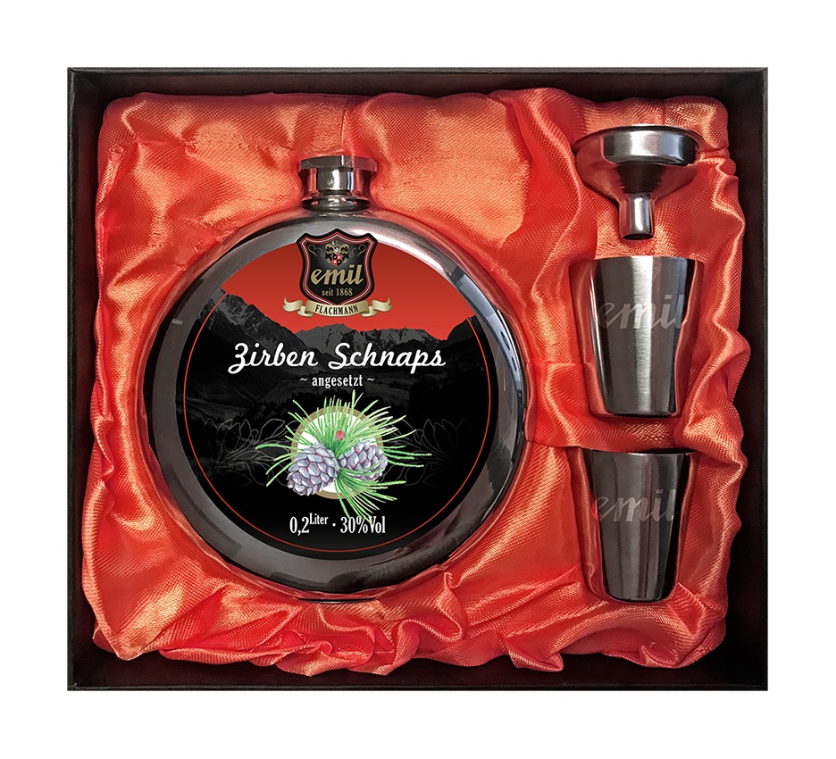 emil-Flachmann Set Zirben Schnaps "angesetzt" 30% vol. 0,2l Limited Edition - EINWEG